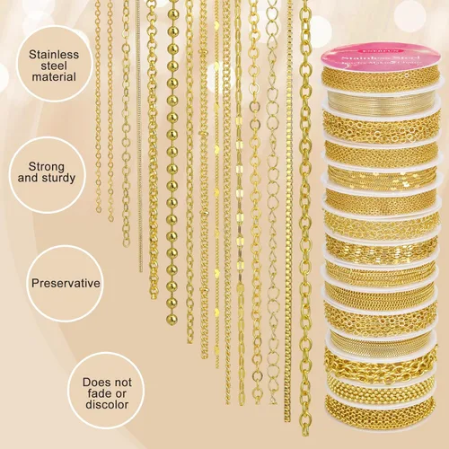 Vista 2 de ENERFUN Cadenas de collar de oro para hacer joyas, 112 pies, 15 rollos de cadenas a granel para hacer collares, pulseras, accesorios con anillos