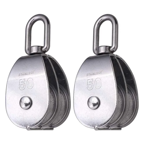 Rocaris Paquete de 2 bloques de polea doble de elevación M50 304 Grúa de acero inoxidable Gancho giratorio de doble polea de carga de rodillos