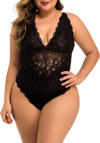 Vista 2 de XAKALAKA - Body de encaje para mujer, talla grande, lencería de peluche y malla elástica con ligas XXL