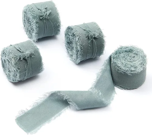 Vista 30 de 4 rollos de 1 pulgada de ancho x 5 yardas de largo, cinta de gasa con flecos hecha a mano, de chifón y seda, con bordes deshilachados
