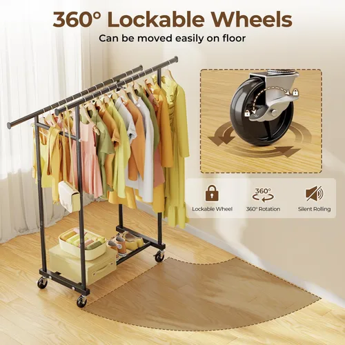 Vista 4 de Perchero de doble varilla, perchero rodante para colgar ropa, armario portátil, perchero de metal para abrigos resistente para dormitorio, Negro