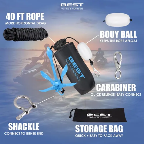 Vista 5 de Mejor marca marina y al aire libre Ancla para kayak, kit de sistema de anclaje de 3.5 libras para kayaks, canoas, tablas de paddle SUP y motos