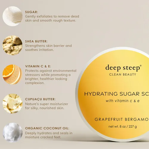 Vista 6 de Deep Steep Exfoliante de azúcar, coco puro, 8 onzas, exfoliante corporal con aceite de coco orgánico, manteca de karité y aceite de argán, vegano