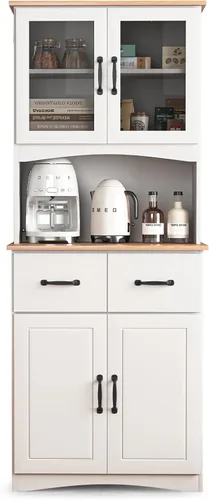 Vista 7 de Armario de despensa de cocina de 67" con puertas y cajones de vidrio, estantes ajustables, antivuelco, soporte para microondas que ahorra espacio