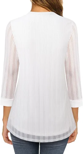 Vista 3 de Timeson Blusas de manga 34 para mujer, estilo casual, cuello en V, camisas de vestir de doble capa, túnicas de malla