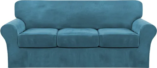 Vista 31 de FantasDecor Fundas de terciopelo para sofá de 2 piezas para sala, con cojín individual, protector elástico de muebles para mascotas, lavable a Negro