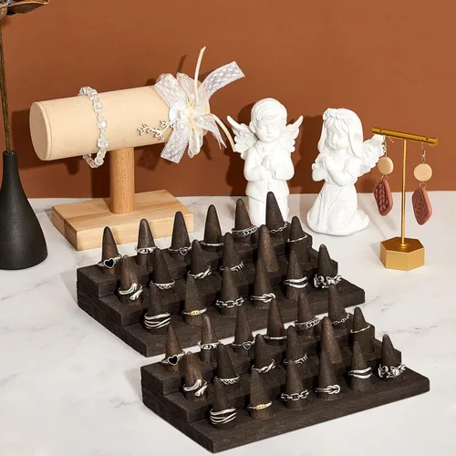 Vista 5 de Exhibición de anillo de madera, 2 piezas, soporte para anillos de joyería, soporte de anillo de madera, escaparate de mostrador de joyas