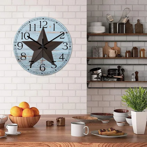 Vista 4 de Reloj de pared decorativo de 10 pulgadas, con estrella de Texas occidental, vintage, de madera, silencioso, sin tictac, funciona con pilas, reloj