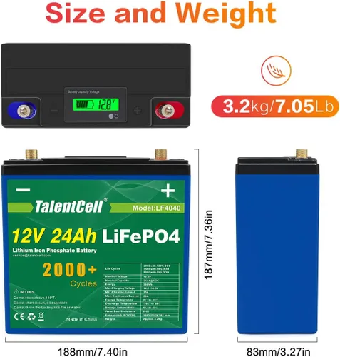 Vista 5 de TalentCell 12V 24Ah LiFePO4 Battery Pack LF4040, 12.8V 288Wh Deep Cycle Rechargeable Lithium Iron Phosphate