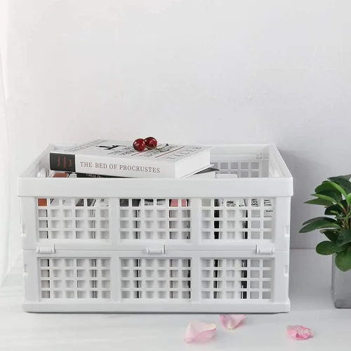Vista 5 de Asking Paquete de 3 cajas plegables apilables de plástico de 30 L, caja de almacenamiento plegable, color blanco