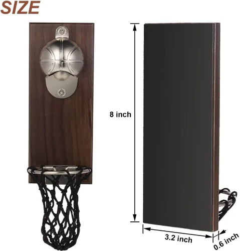 Vista 2 de Abrebotellas magnético de baloncesto, abridor de botellas de madera montado en la pared con colector de tapa, abridor de cerveza novedoso