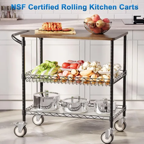 Vista 2 de Leteuke Carritos de cocina rodantes con ruedas, 34" L x 17.5" A, carrito utilitario resistente de 3 niveles con tablero de madera, carrito