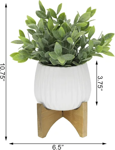 Vista 3 de Flora Bunda Hoja de té artificial para plantas en maceta de cerámica Ridge de 5 pulgadas en soporte de madera, blanco mate