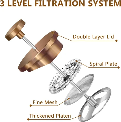 Vista 3 de Cafetera de Prensa Francesa de Acero Inoxidable Negro, Prensa Francesa Aislada de Doble Pared, para Café y Té, con 3 Pantallas Extra y una Cuchara