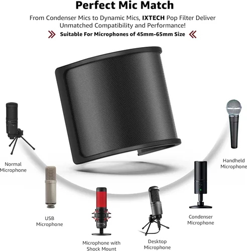 Vista 3 de IXTECH Filtro pop de micrófono, pantalla pop de micrófono con malla de metal y filtro de espuma, cubierta de parabrisas de micrófono de mano Escudo