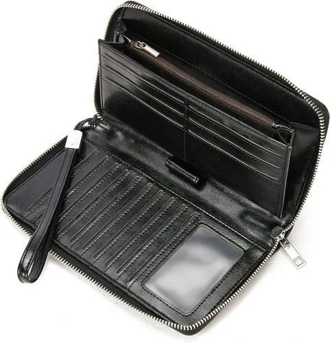 Telena Billeteras de cuero para mujer, con cremallera delgada, alrededor de la muñeca, bolso grande para teléfono, 1-oil wax black