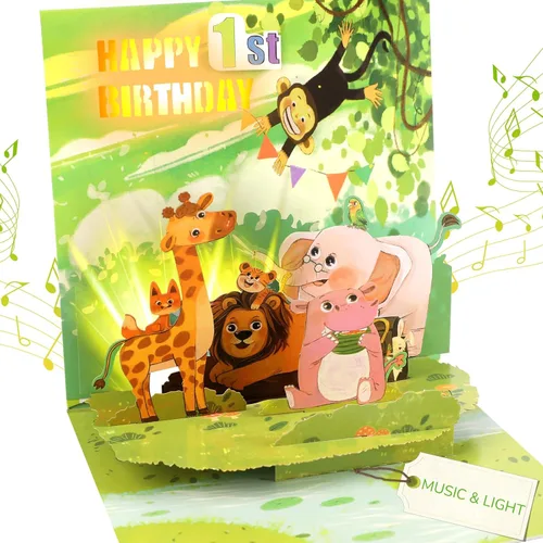 Ecloverlife Tarjetas de primer cumpleaños para niños y niñas, tarjetas desplegables con luces coloridas y música de feliz cumpleaños, regalos de