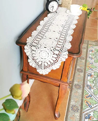 Vista 8 de Hetao Mantel oblongo, 100% algodón, hecho a mano, 12 x 27 pulgadas, color beige