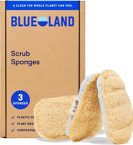 BLUELAND Esponja para fregar, paquete de 3, esponja para platos de doble cara, sin plástico, para cocina a base de plantas, antiarañazos