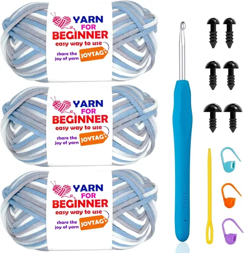 Vista 24 de Hilo de Ganchillo para Principiantes Verde Manzana Hilo de Algodón para Tejer y Tejido - Kit de Ganchillo para Principiantes - 3 * 50g