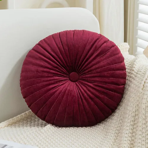 Teieas - Almohada redonda de terciopelo plisada para decoración, cojín redondo para sofá, silla, cama, coche, burdeos