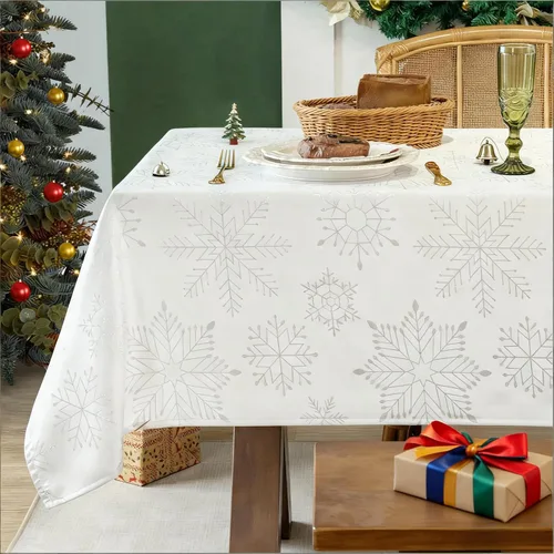 Vista 18 de MikiUp Mantel rectangular de Navidad de jacquard, mantel de tela metálica brillante con copos de nieve de Navidad, impermeable y lavable, mantel