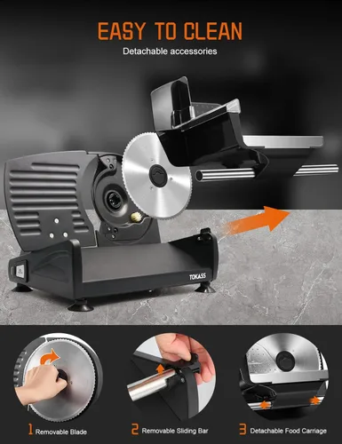 Vista 4 de Cortadora de carne, cortadora eléctrica de alimentos de 200W con 2 cuchillas extraíbles de acero inoxidable de 7.5" y bandeja de acero inoxidable