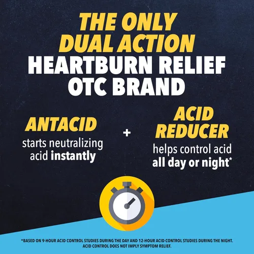 Vista 5 de Pepcid Reductor de ácido de doble acción completo + tabletas masticables antiácidas, sabor a bayas, 8 unidades.