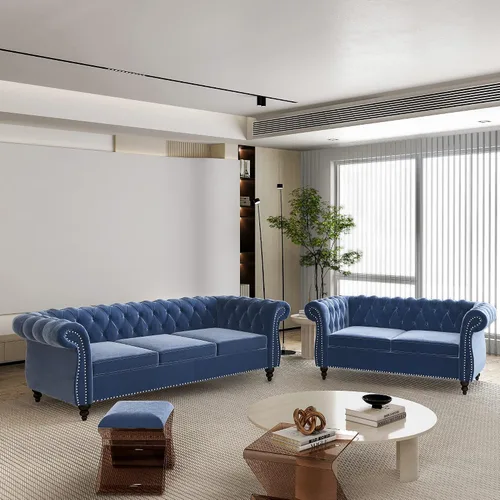 Vista 26 de QHITTY - Juego de 3 piezas para sala de estar, sofá seccional Chesterfield con silla contemporánea tapizada en cuero, sofás biplaza para sala