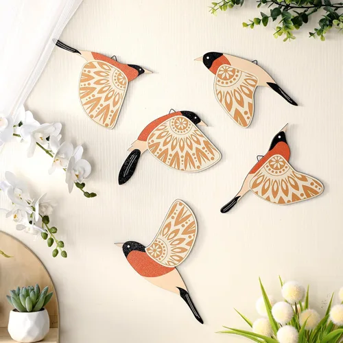 Vista 8 de Barydat 5 piezas de arte de pared de madera con pájaros voladores, decoración de pared de pájaros voladores, arte popular rústico, decoración