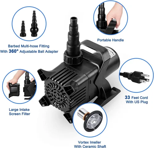 Vista 2 de JEREPET Bomba de agua sumergible 3100 GPH Bomba de estanque de 200 W con cable de alimentación de 33 pies elevación máxima de 18 pies con bolsa