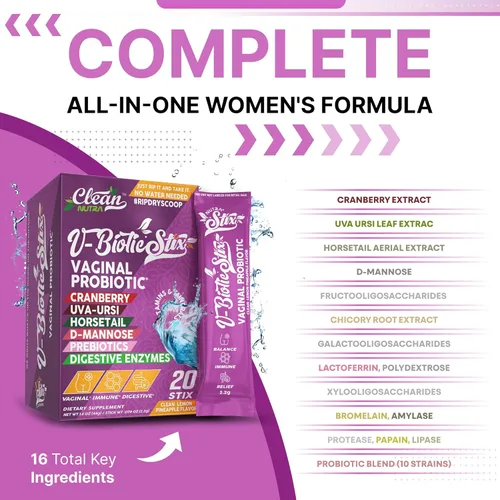 Vista 2 de Clean Nutraceuticals Probióticos vaginales para mujeres con extracto de arándano, D-manosa, prebióticos, equilibrio de pH para mujeres, salud