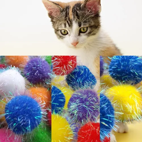 Vista 10 de 30 bolas de pompones brillantes de 1.2 pulgadas para gatos, bolas interactivas con purpurina, multicolor, lo mejor como juguetes de juego