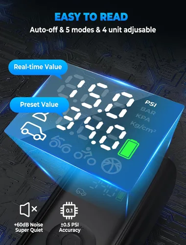 Vista 4 de Inflador de neumáticos, compresor de aire portátil, bomba de neumáticos inalámbrica de 150 PSI, apagado automático y 3 luces LED, bomba de aire