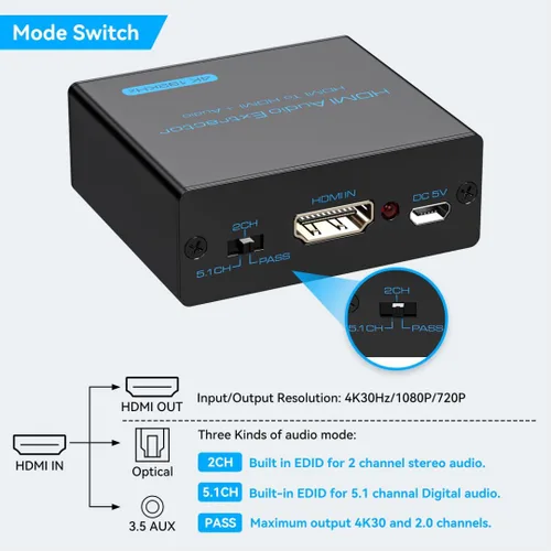 Vista 5 de VPFET Extractor de audio HDMI 4K HDMI a óptico 0.138 in AUX adaptador de audio divisor convertidor soporte HDCP digital DTS 5.1 PCM