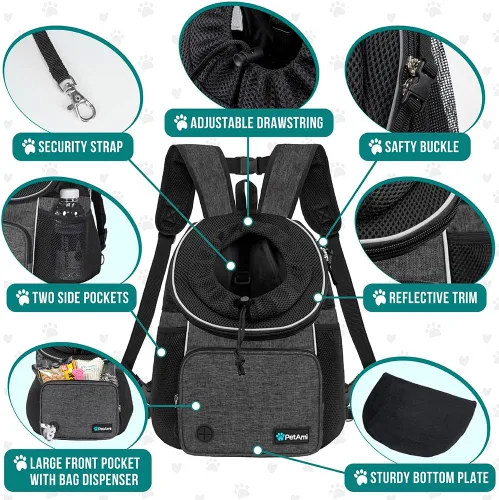Vista 4 de PetAmi Mochila transportadora de pecho ajustable para perros y gatos, ventilada para senderismo y campamento, mascotas pequeñas a grandes, máximo 10