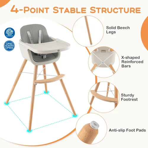Vista 5 de BABY JOY Trona convertible para bebé, 3 en 1, silla alta/elevado/asiento de madera con bandeja extraíble, patas ajustables, arnés de 5 puntos, cojín