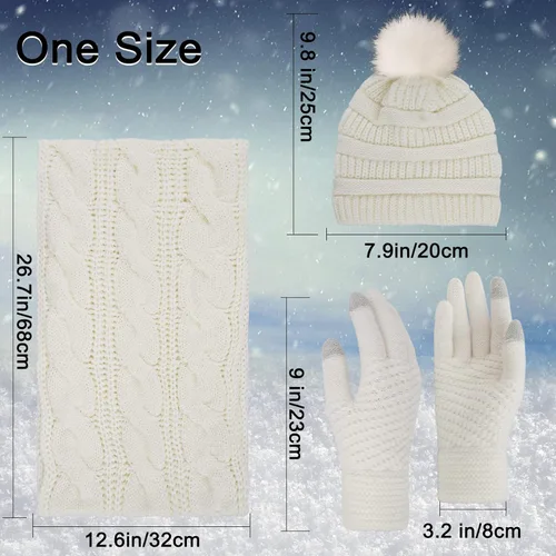 Vista 4 de Double Couple - Conjunto de 3 piezas de gorro de invierno, bufanda y guantes con pantalla táctil para mujeres, gorro tejido con bola de pelo