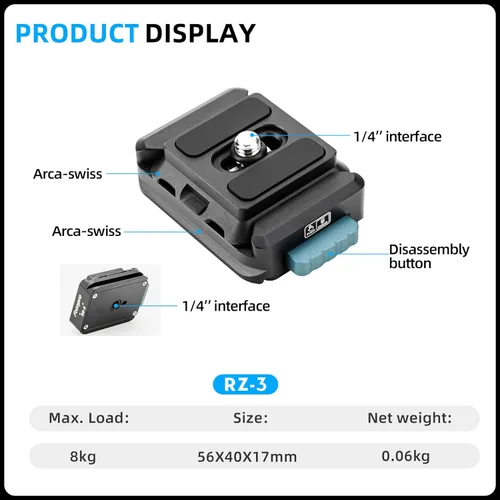Vista 6 de Fotopro RZ-3 Soporte de cámara de liberación rápida, kit de configuración rápida con tornillo de 1/4, adaptador para cámara DSLR/sin espejo