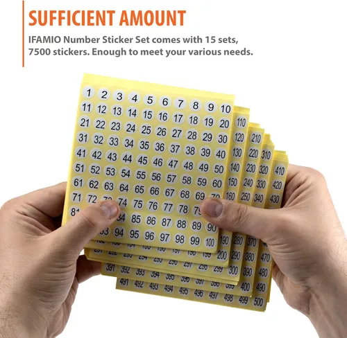Vista 5 de 1-500 etiquetas adhesivas de números redondos, 15 juegos, 7500 etiquetas autoadhesivas, calcomanías pequeñas de números consecutivos, letreros