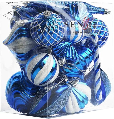Adornos de Bola de Navidad Irrompibles de Plástico para Árbol, 24 Piezas con Estilos de Formas Variadas, Decoración Navideña de Vacaciones, Azul