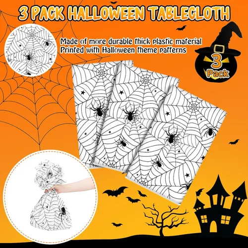 Vista 5 de 3 manteles de Halloween, mantel de plástico de telaraña, desechable, mantel rectangular de tela de araña, mantel rectangular blanco y negro