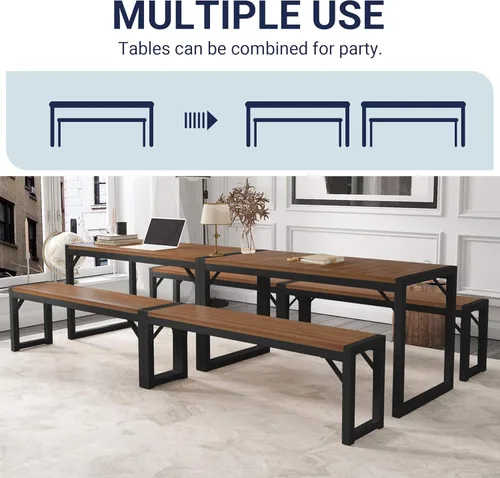 Vista 19 de Allewie Juego de mesa de comedor de 3 piezas con bancos, comedor de metal resistente que ahorra espacio para cocina, sala de estar, estudio, patas