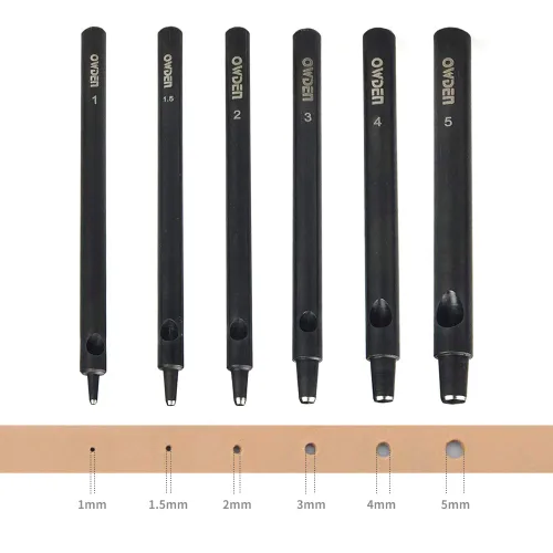 OWDEN Juego profesional de 6 perforaciones de cuero, tamaño 0.039-0.197 in, negro, acero, manual, 6 agujeros, mini alfombrilla de corte gratis