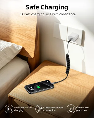 Vista 5 de Paquete de 2 cables USB C a USB C en espiral, cable de carga retráctil PD de 60 W de 1 pie-2 pies para iPhone 17 Pro Max 16 15, Galaxy S26 S25 S24
