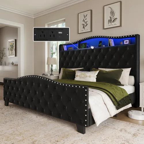 Vista 12 de Belffin Base de cama y cabecero tamaño Queen, base de cama tapizada de terciopelo de 50.9 pulgadas con luces LED y estación de almacenamiento/carga