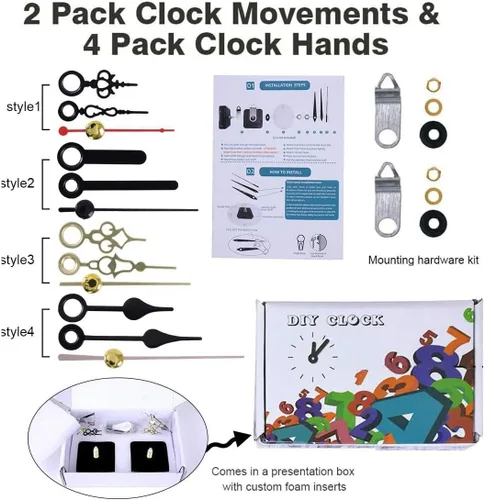 Vista 3 de EMOON Paquete de 2 mecanismos de movimiento de reloj con 4 pares de manos cortas, batería silenciosa, funciona con barrido silencioso, kit de motor