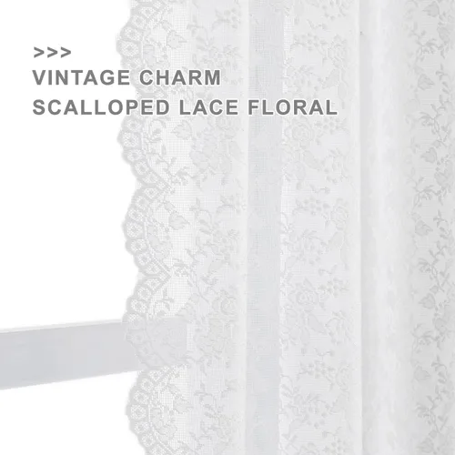 Vista 3 de FINECITY Cortinas de encaje de 36 pulgadas de largo - Cortinas de cocina de encaje blanco con patrón floral de rosas campestres, cortinas de encaje