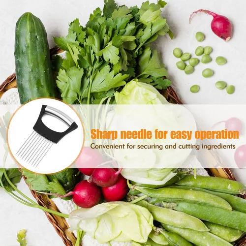 Vista 7 de Soporte de cebolla para rebanar – Cortador de cebolla de acero inoxidable y soporte de verduras herramienta de corte para cebollas, tomates