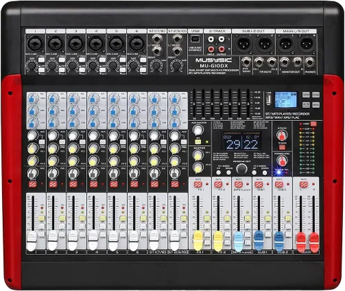 MUSYSIC Tablero mezclador de audio profesional de 10 canales con efectos DSP duales de 24 bits, interfaz USB, grabadora Bluetooth/MP3 y ecualizador